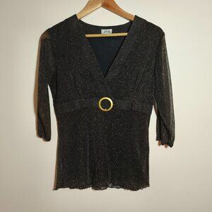 90s y2k CDW Empire Waist Mesh Shimmer Babydoll Top sz M/L Black Gold Disco Glam